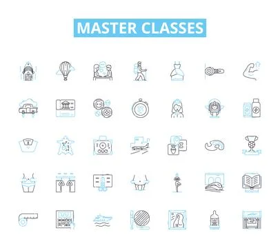 Master Classes linear icons set. Insider, Experts, Coach, Mentor, Specialist Stock Illustration
