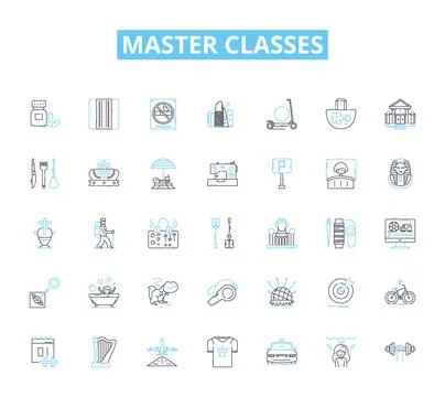 Master Classes linear icons set. Insider, Experts, Coach, Mentor, Specialist Stock Illustration