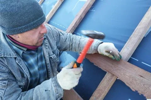 The master clogs the nail into a beam, fixing this gidrorizer to the rafters 스톡 사진