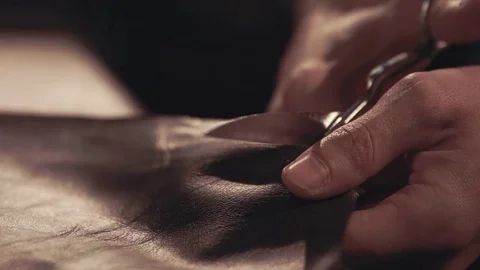 Master cuts the brown skin with scissors Stock Footage 75701139