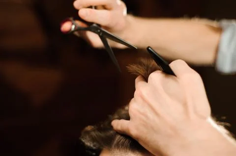 Master cuts hair and beard of men in the barbershop Foto stock