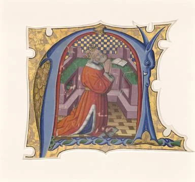 Master of the Cypresses, Initial N () with David in Prayer, 1430s Initial ... Foto stock