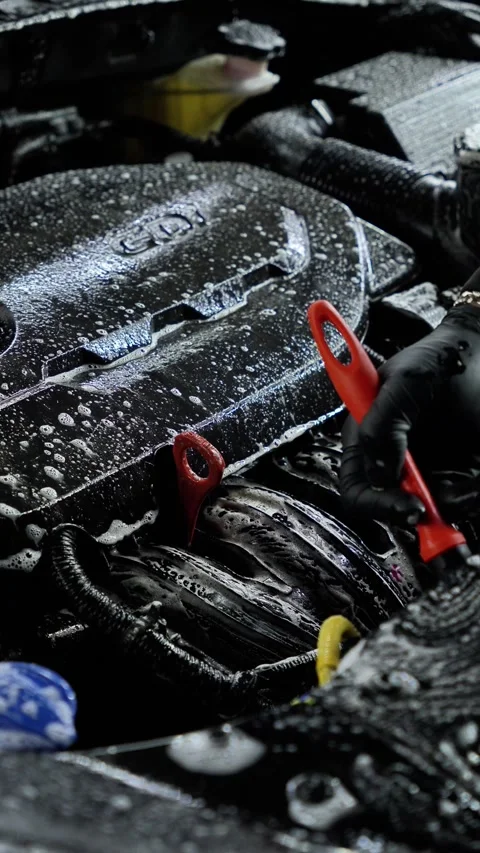 Master detailer washes the engine and engine compartment of the car with a brush Stock Footage 328581396