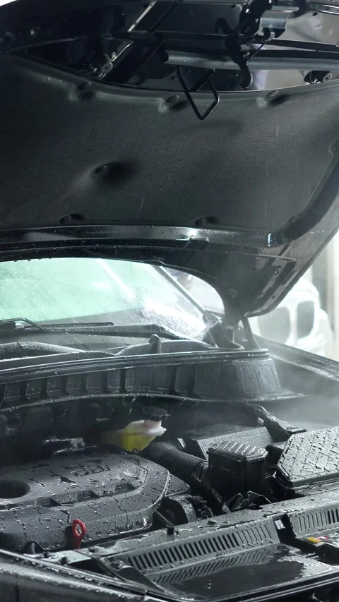 Master detailer washes the engine and engine compartment of the car with water a Stock Footage 328581410