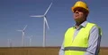 Master Engineer Check Wind Turbines Farm Field System Man Work Looking Up Verify 4k or 4k+ Resolution