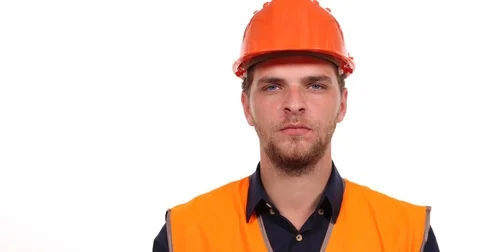 Master Engineer Male Showing Thumb Up Sign Camera Pose Serious White Background Stock Footage 80297881