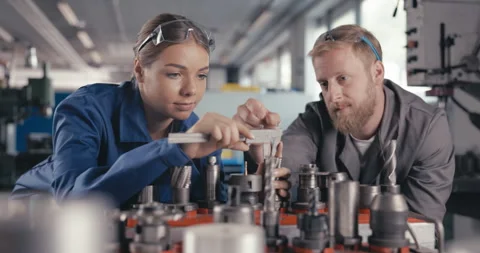 Master explaining apprentice how to measure drill parts with caliper Stock Footage 254680723