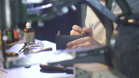 Master in factory of leather. Handmade craft manufacture. Close Up 스톡 동영상 130215210