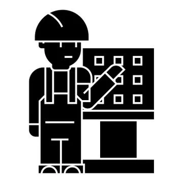 Master - foreman - engineer with machine-tool icon, vector illustration, black Stock Illustration