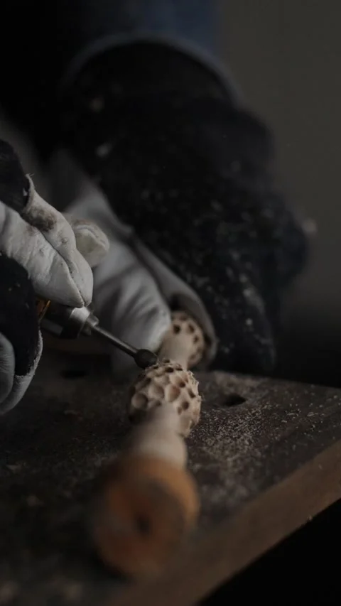 The master grinds the pattern on wood Video stock 248387998