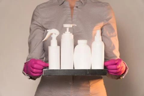 Master holds set of cosmetics medium straight frame Stock Photos