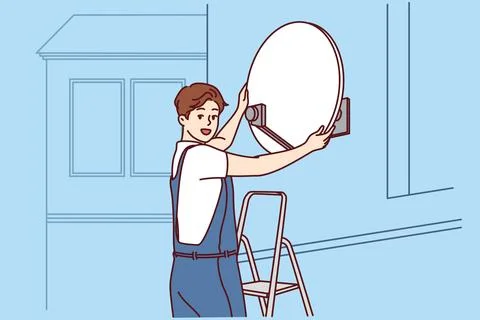 Master installs television satellite dish on facade of building standing on Stock Illustration