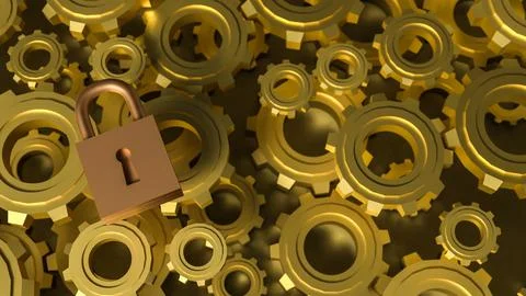 The Master key lock and Gears for security concept 3d Rendering. Illustrazione stock