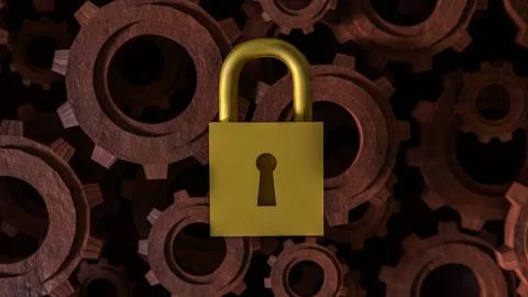 The Master key lock and Gears for security concept 3d Rendering. Stock Illustration