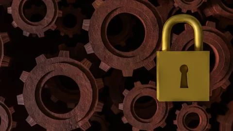 The Master key lock and Gears for security concept 3d Rendering. Stock Illustration