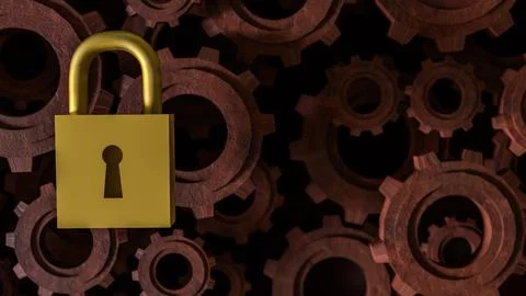 The Master key lock and Gears for security concept 3d Rendering. Stock Photos