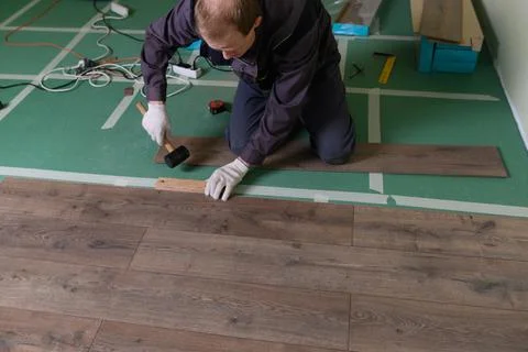 The master is laying the laminate. The man is doing the repair of the floor. 库存照片