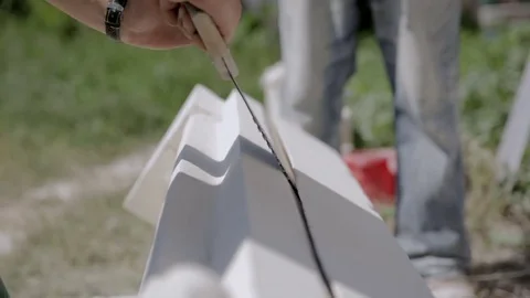 Master limestone cut by hand saw Stock Footage 76997076