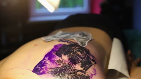 Master makes a tattoo Wolf om the back Stock Footage 66036070