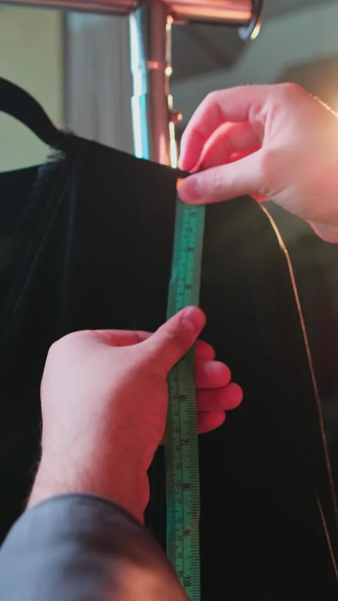 A master measures the length of clothes in his atelier Stock Footage 311682475