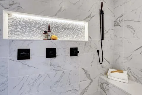 Master modern bathroom interior in luxury home with white  shower and marble  Stock Photos