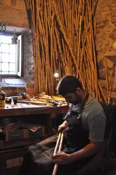 The master of ney making is producing ney (reed lute) in her workshop Stock Photos