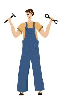 Master in overalls with a tool in his hands. Worker with a hammer Stock Illustration