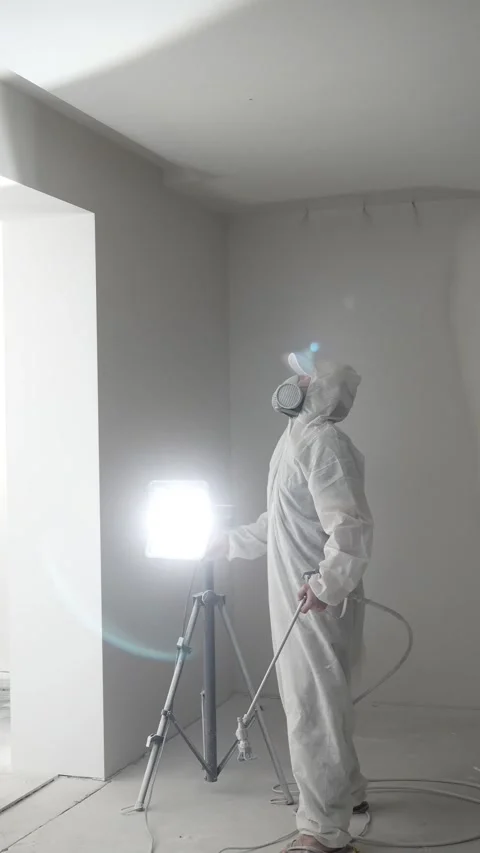 Master painter adjusts light before painting and priming wall Stock Footage 317395619