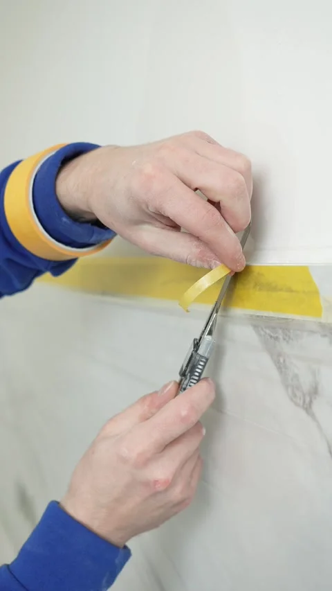 Master painter cuts off excess tape from tiles Stock Footage 317395075