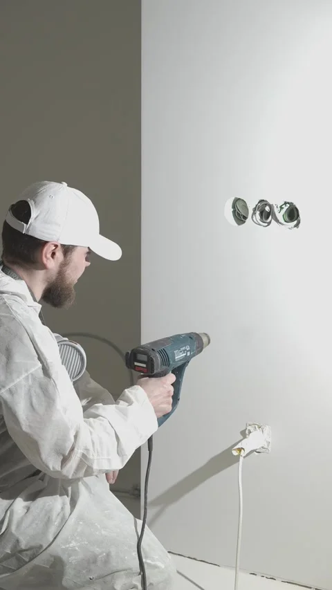 Master painter dries the wall with a construction hair dryer Stock Footage 317395533