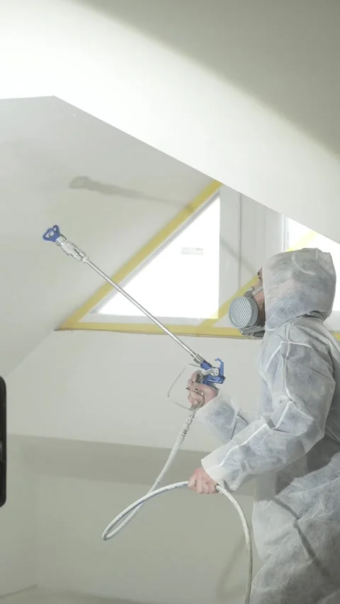 A master painter paints and primes a wall with an airless paint sprayer Video stock 317395332
