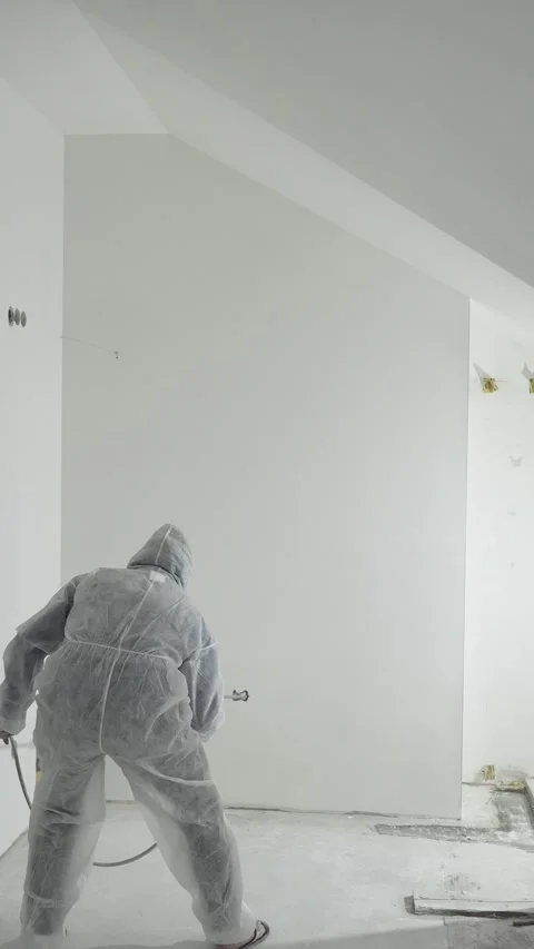 A master painter  paints and primes a wall with an airless paint sprayer Video stock 317395357