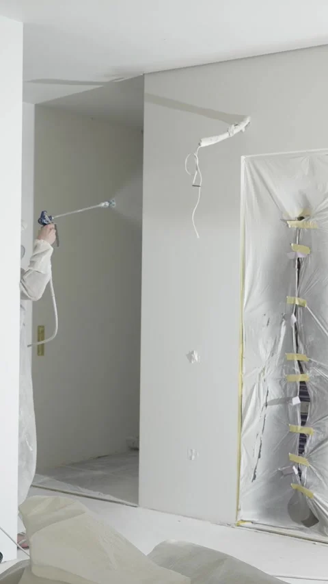A master painter paints and primes a wall with an airless paint sprayer Video stock 317395458