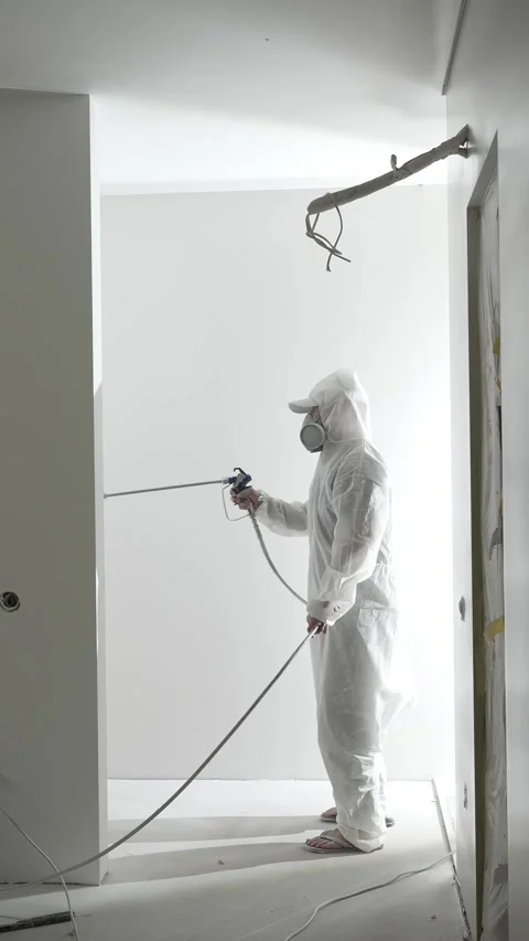 A master painter  paints and primes a wall with an airless paint sprayer Video stock 317395466