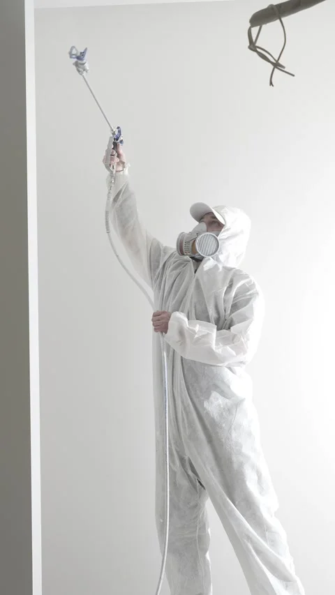 A master painter  paints and primes a wall with an airless paint sprayer Video stock 317395502