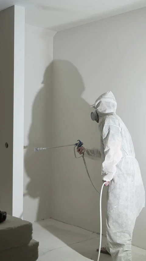 A master painter paints and primes a wall with an airless paint sprayer Video stock 317395550