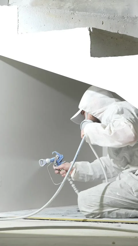 A master painter paints and primes a wall with an airless paint sprayer Video stock 317395561