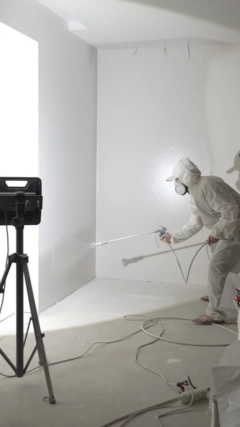 A master painter paints and primes a wall with an airless paint sprayer Video stock 317395636