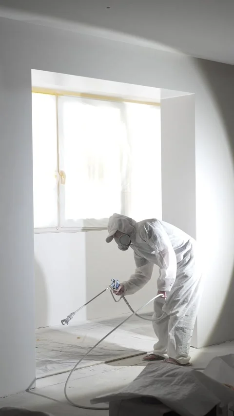 A master painter paints and primes a wall with an airless paint sprayer Video stock 317395689