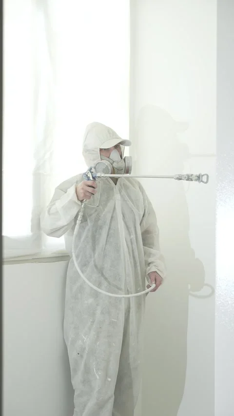 A master painter  paints and primes a wall with an airless paint sprayer Video stock 317395712