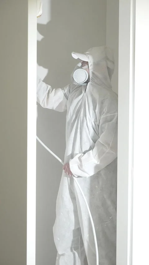 A master painter  paints and primes a wall with an airless paint sprayer Video stock 317395807