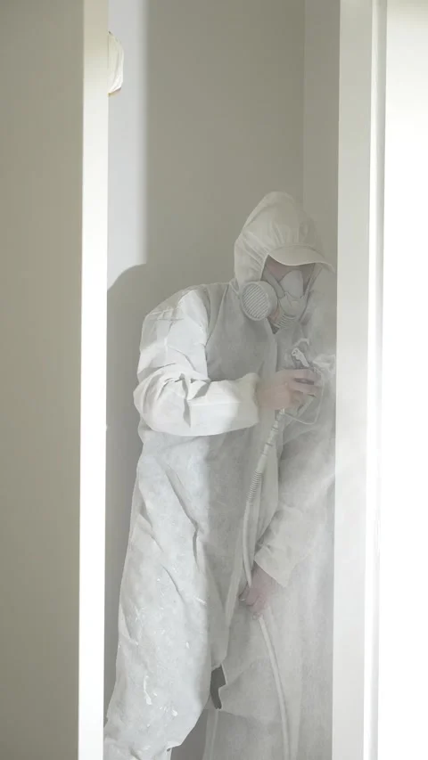 A master painter paints and primes a wall with an airless paint sprayer Video stock 317395809