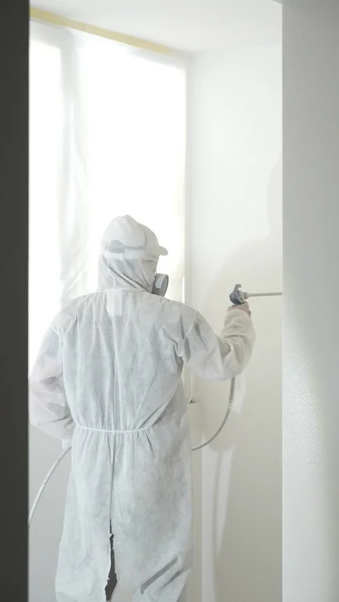 A master painter in a protective white suit paints and primes a wall Stock Footage 317395775