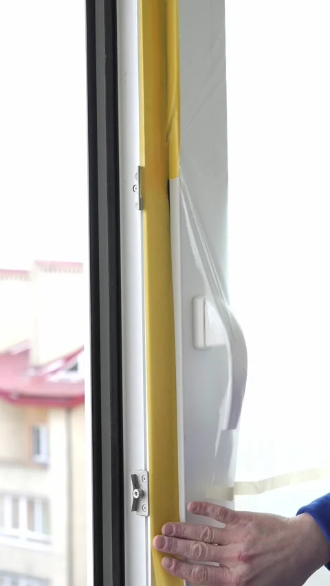 A master painter seals a window with protective film and tape. Video stock 317395141