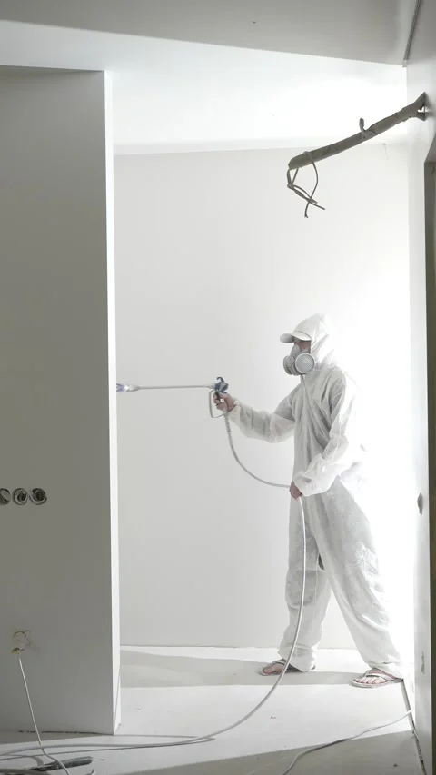 A master painterpaints and primes a wall with an airless paint sprayer Stock Footage 317395468