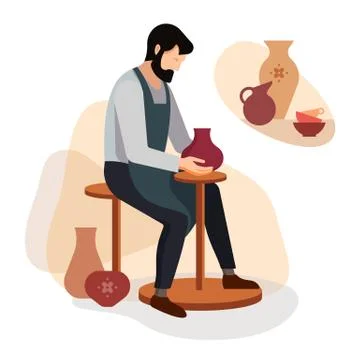 Master potter makes a clay vase. Vector illustration of the work of a pottery Illustrazione stock