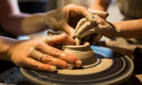 Master potter teaches the child to work on the Potter's wheel. Close up shot Stock Photos