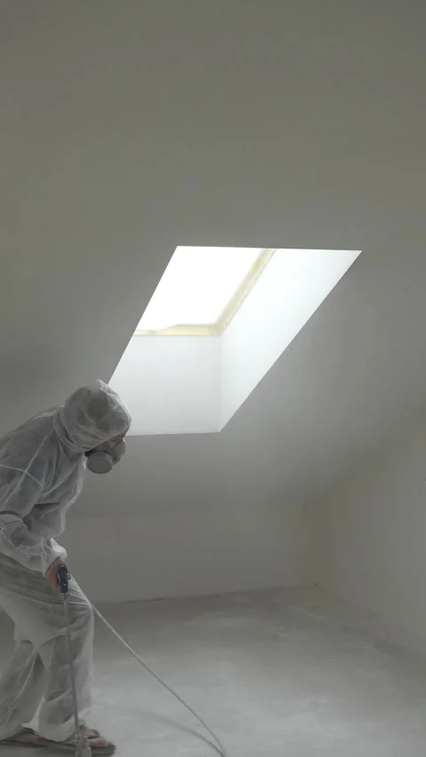 A master  in a protective suit  primes a wall with an airless paint sprayer Stock Footage 317395352