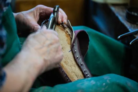 Master shoemaker producing shoes, master orthopedic, master orthopedic Stock Photos