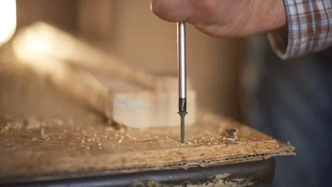 The master spins a screw into a tree with a screwdriver Stock Footage 77714398